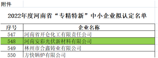 祝賀！光伏新材料通過河南省“專精特新”中小企業(yè)認(rèn)定